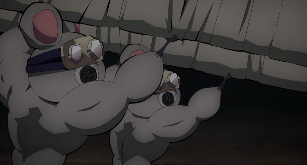 刀を運びポーズをキメるムキムキねずみ