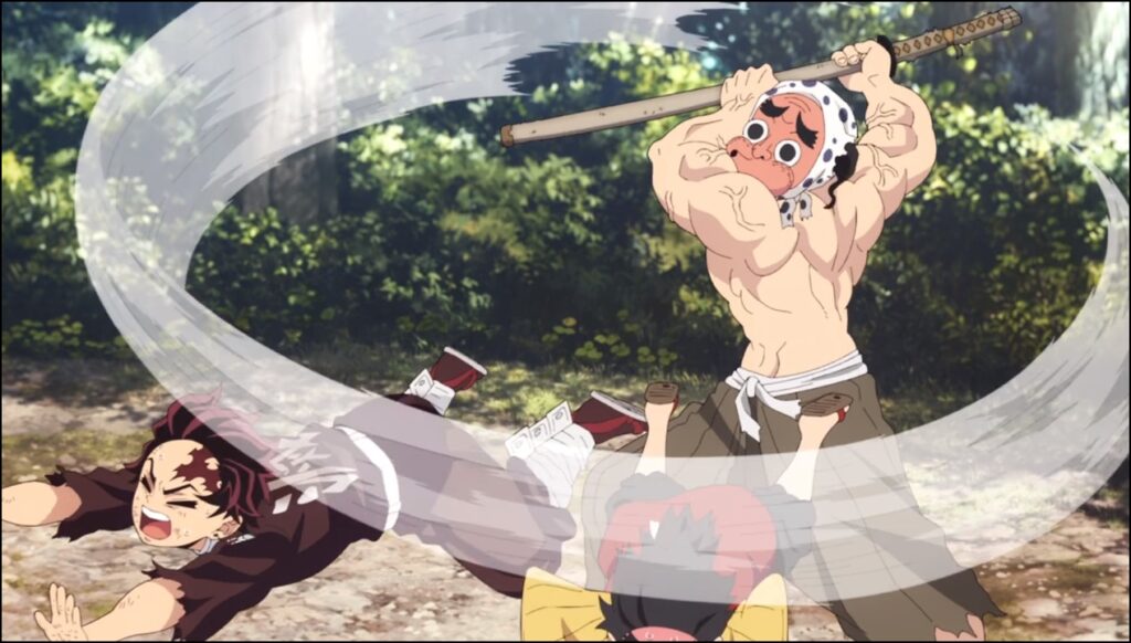 鋼鐵塚蛍が炭治郎と子鉄を吹き飛ばす